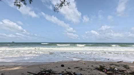 wide shot of ocean waves approaching a sandy beach under bright daylight, with scattered debris and overhanging branches, captured in smooth, static camera footage
