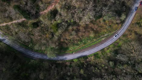 overhead aerial view of a car driving on a curved road in cheddar gorge forest.