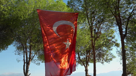 turkish national flag hanging on rope between trees on sunny day, slow motion