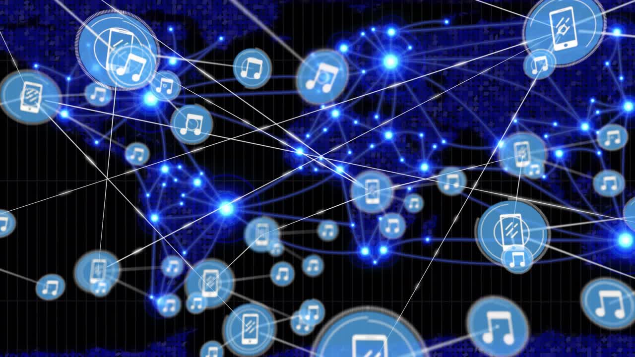 Central phone icon sending pulse, nodes spawning and linking to show global music network