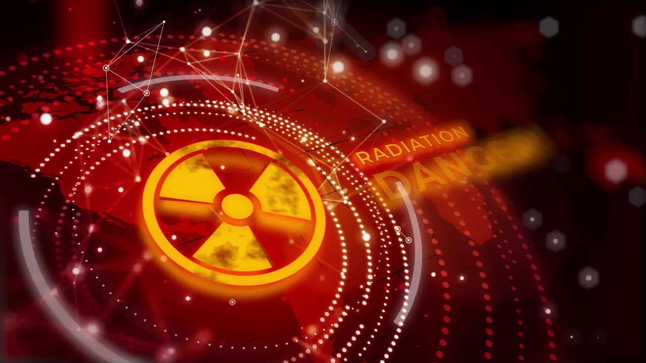 Radioactive hazard icon. Red abstract warning background with world map. Animated HUD element with tangles of lines and dots. Looped motion graphics.