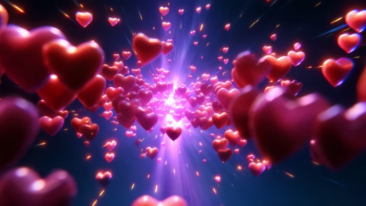 A mesmerizing explosion of radiant hearts fills the screen with an enchanting glow, symbolizing love and affection, creating a stunning visual experience of passion and warmth in vibrant colors