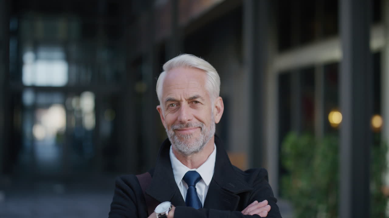 retrato exitoso hombre de negocios maduro sonriendo brazos cruzados ejecutivo disfrutando del éxito de la carrera profesional empresario caucásico senior en la ciudad cámara lenta