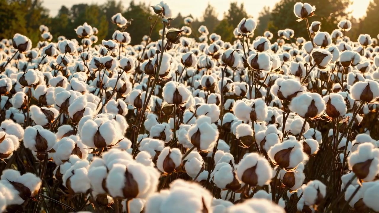 Bellissimo campo di cotone con batuffoli bianchi e soffici sotto la calda luce del sole