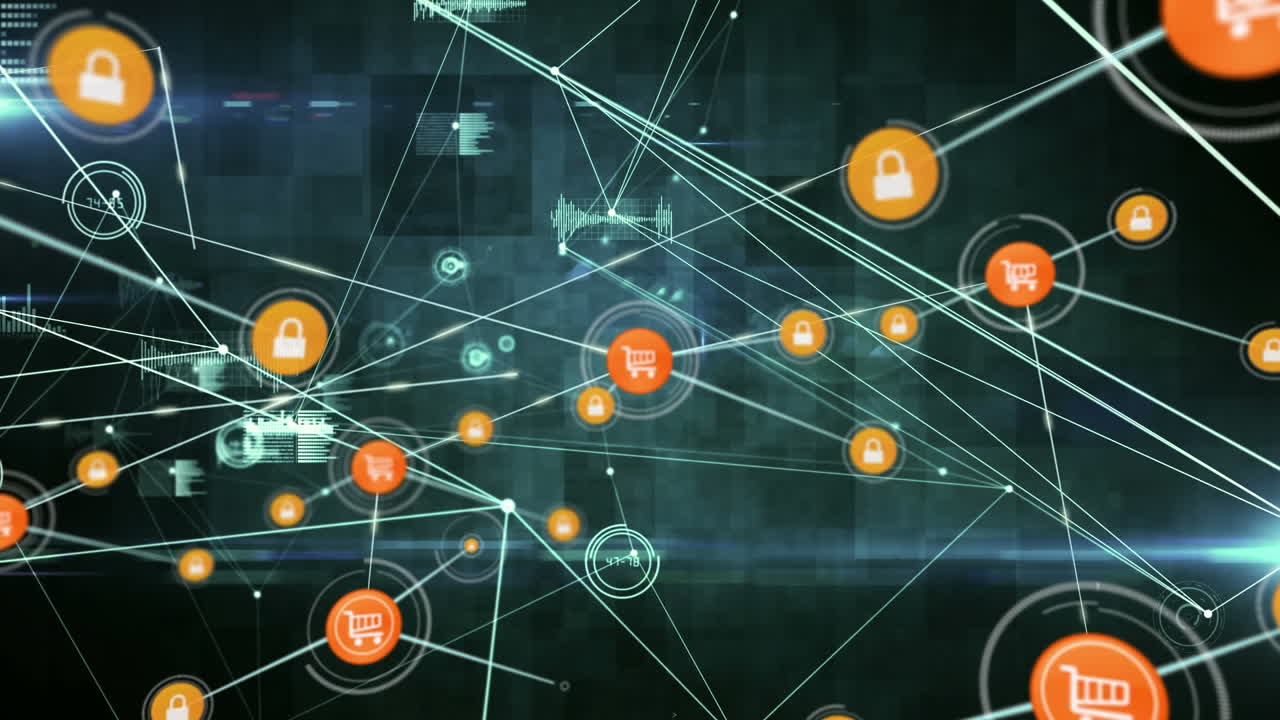 animación de redes de conexiones con iconos sobre fondo negro