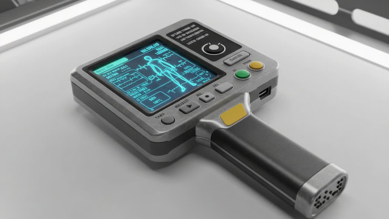 Futuristic Medical Device Displaying Vital Signs and Health Metrics in a High-Tech Laboratory Environment