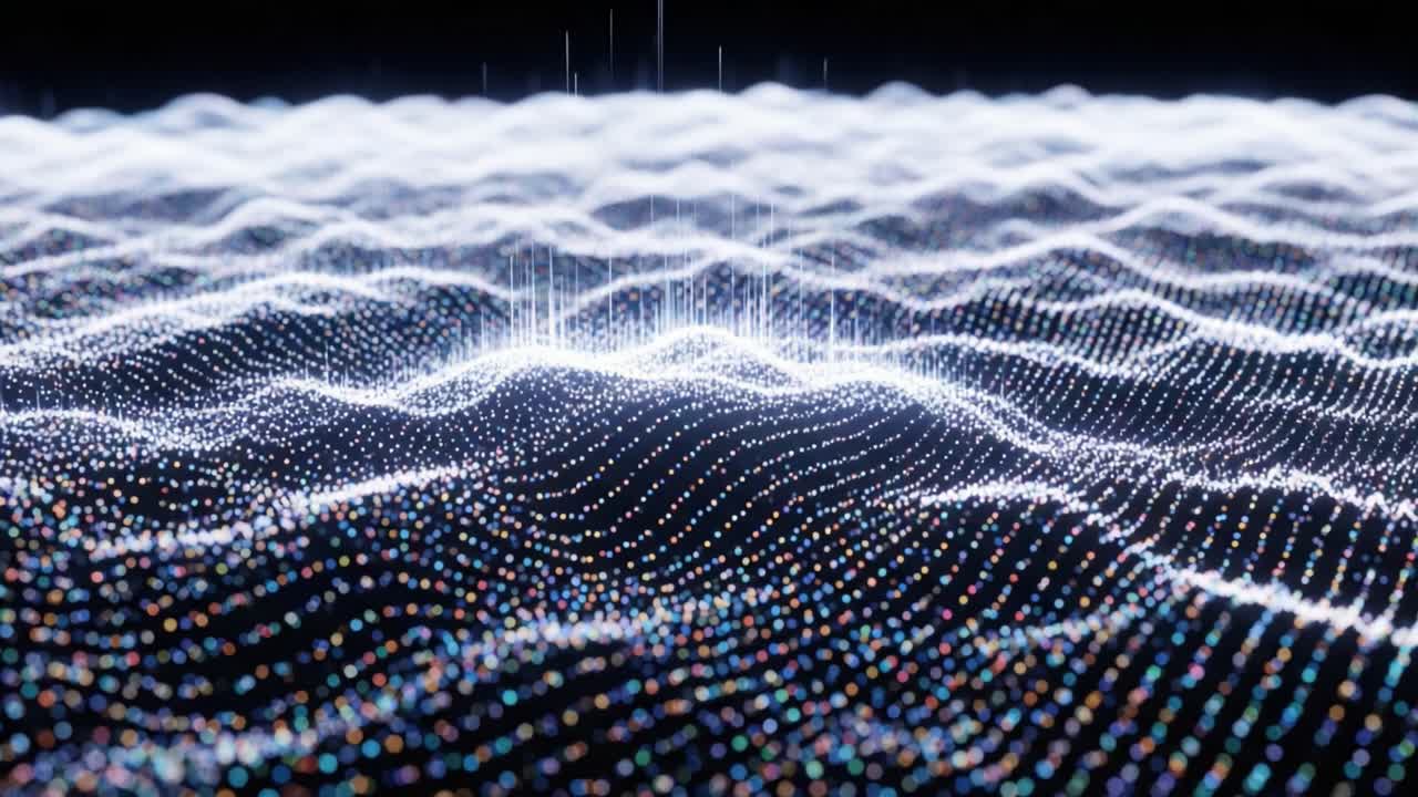 A Mesmerizing Display of Light and Motion: Animated Waves of Digital Particles Creating a Dynamic and Captivating Visual Experience in a Hypnotic Realm