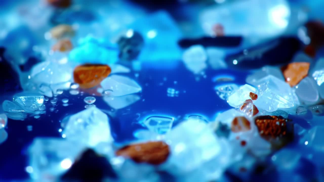 Colorful Crystals and Gems Scatter Across a Vibrant Blue Surface in an Artistic Display of Natural Beauty