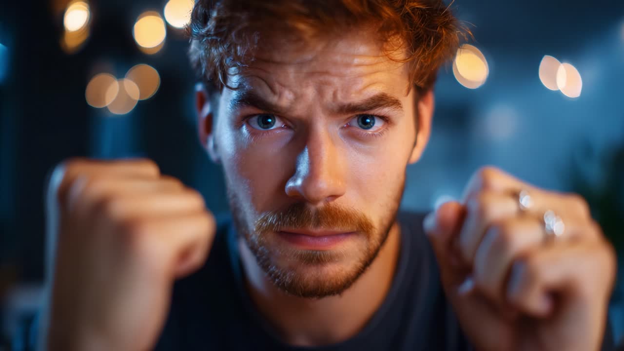 Emociones intensas capturadas: primer plano de un hombre con expresión decidida e iluminación dramática, listo para la acción o la confrontación