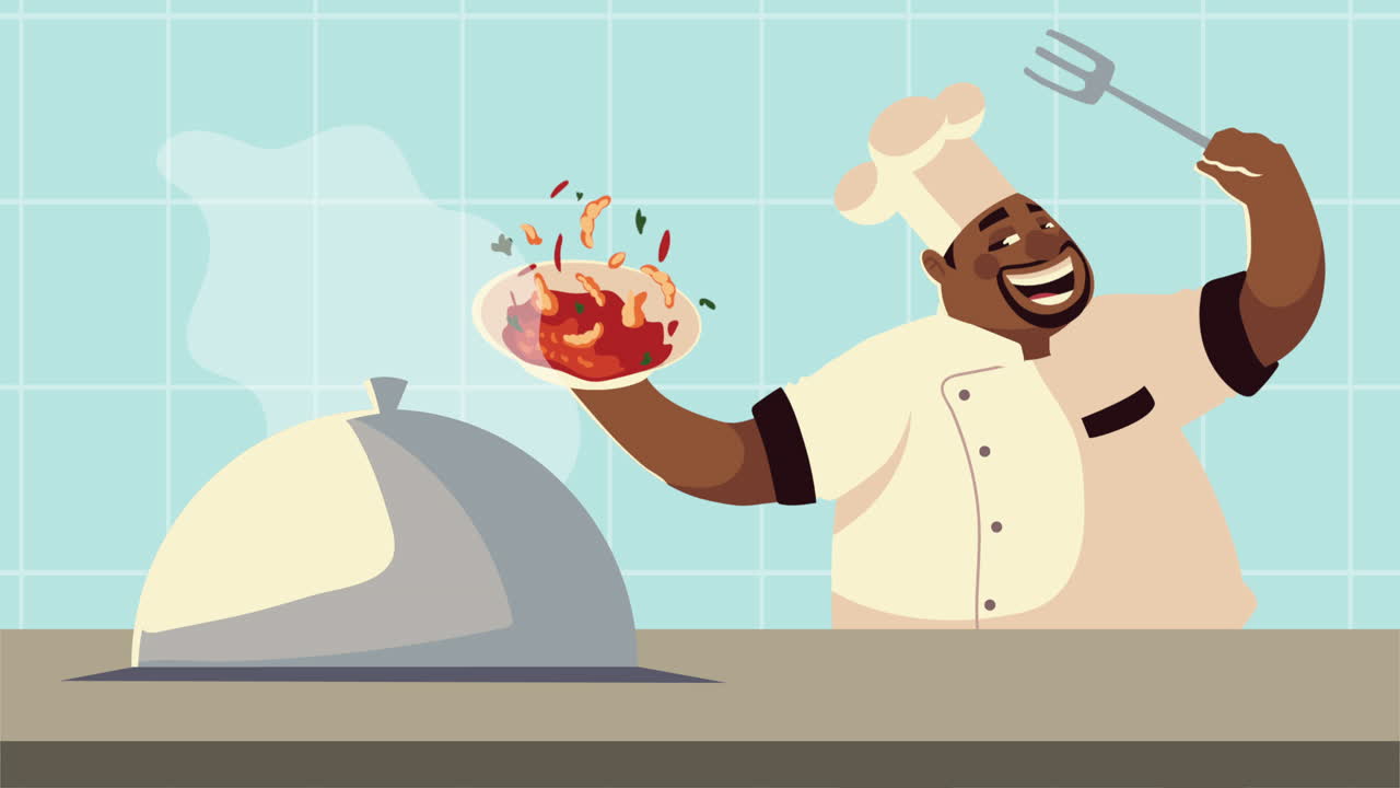 afro chef worker with food dish and tray server comic character animation