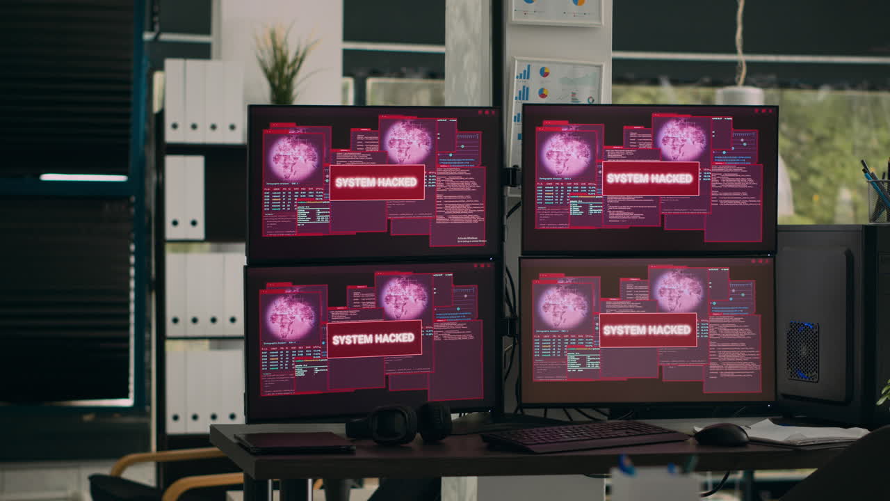 Empty agency office with multiple monitors showing system crash