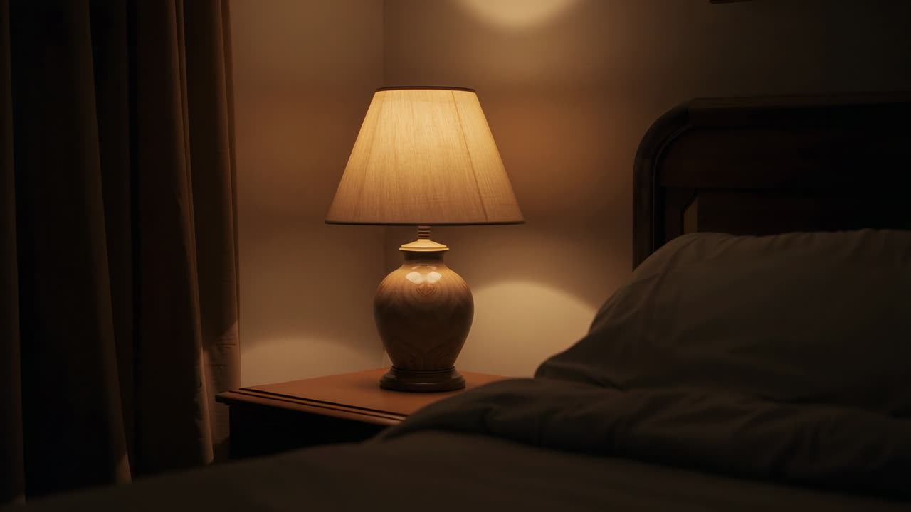 Accensione di una lampada da tavolo in ceramica che inonda il comodino della camera da letto di luce calda, fornendo illuminazione.