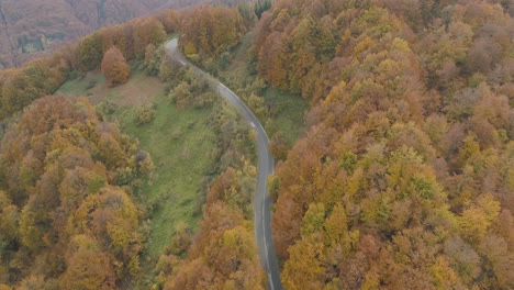 imágenes aéreas, carretera desierta en medio de los bosques de la península balcánica durante el período de otoño