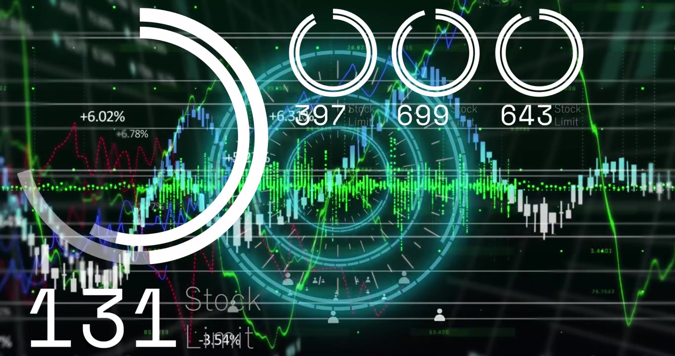 Animazione di numeri che cambiano su cerchi di caricamento, su grafici e un reattore ad arco su sfondo nero.