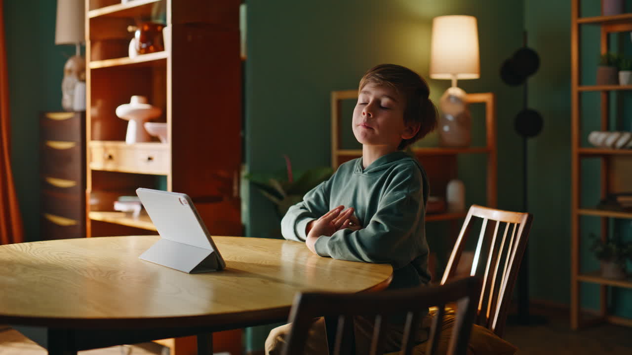Boy waving hand tablet camera saying hello sitting desk. Little pupil greeting