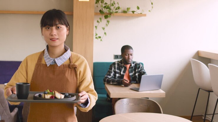 Waitress Holding Food Tray Smiling At Camera With Her Male Colleague In Coffee Shop While An Man Working On Laptop Computer Sitting At Table Behind Them