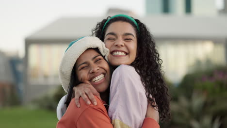 women friends, hug and outdoor at college