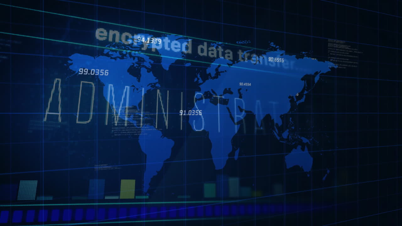 Blue world map being animated with numeric data on dark grid, glowing labels, bar chart