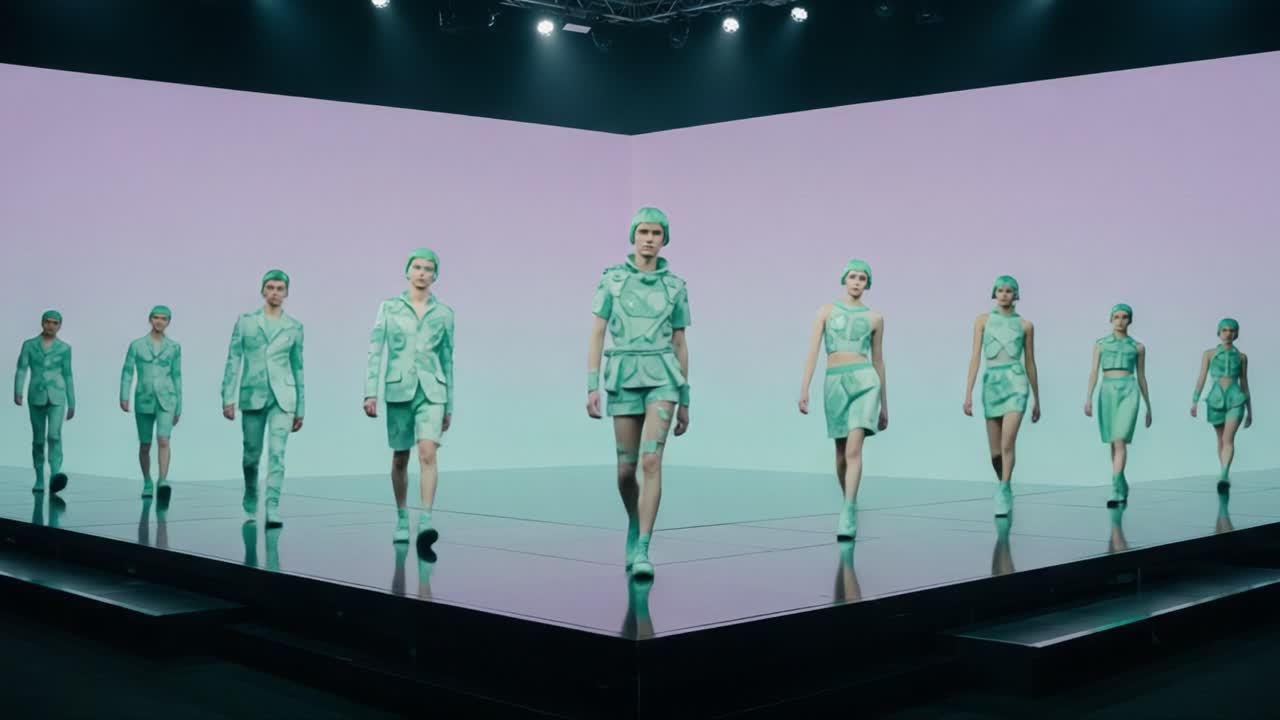 Futuristic Fashion Showcase Featuring Models in Unique Mint-Hued Outfits on an Innovative Stage with Minimalistic Design and Capture of High-Concept Style