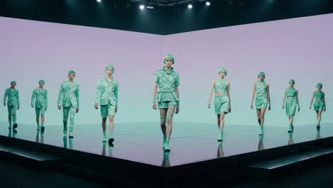 futuristic fashion showcase featuring models in unique mint-hued outfits on an innovative stage with minimalistic design and capture of high-concept style