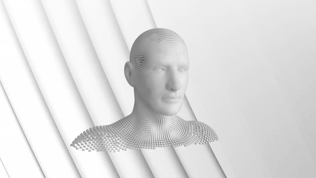 3d  ⁇ 색 배경에 폭발하는 입자로 형성된 인간의 머리의 애니메이션