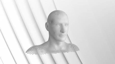 animation of human head formed with exploding particles on 3d white background