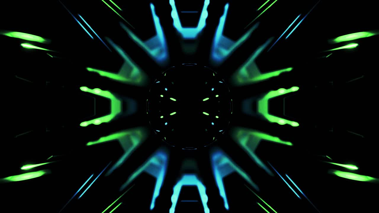 Motivo geometrico astratto con linee luminose verdi e blu