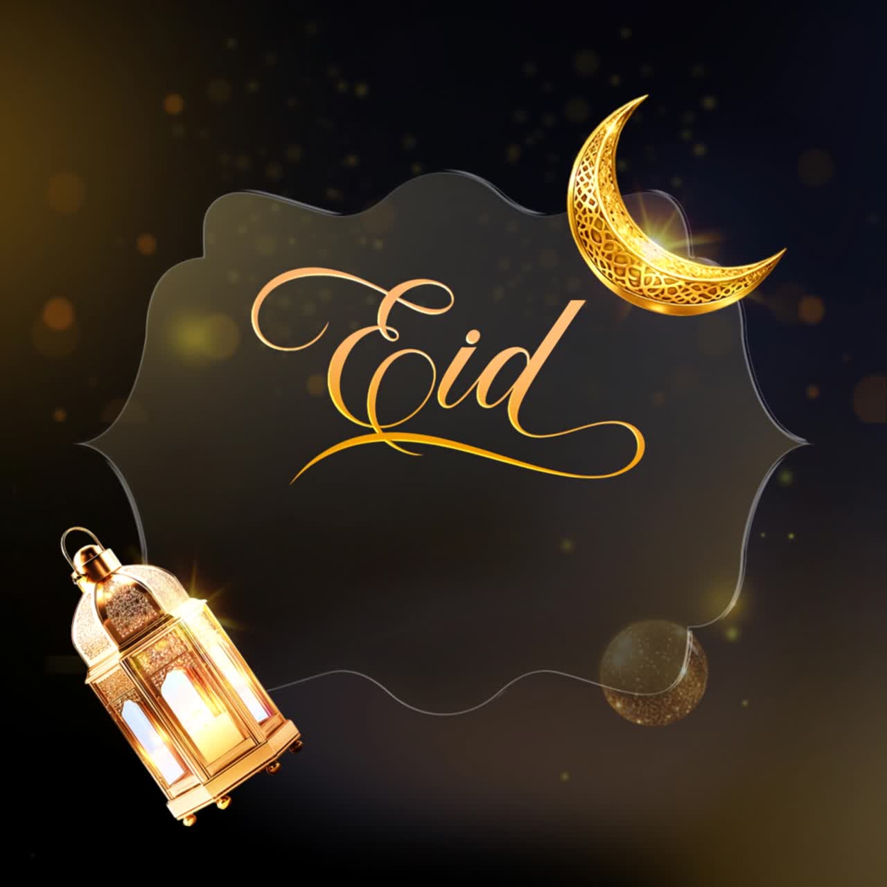 Animazione per post social media di auguri Eid Mubarak con lanterna crescente e cornice decorativa su sfondo sfumato scuro.