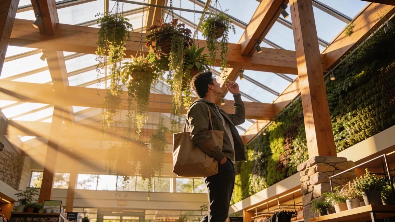 Luz solar que inunda, destacando um homem de jaqueta verde em um átrio comercial, que se estende em direção a plantas suspensas.