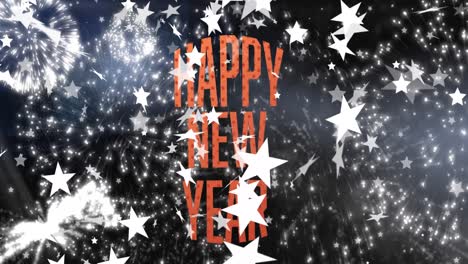 Animation-of-happy-new-year-text-in-orange-with-white-stars-and-fireworks-on-night-sky