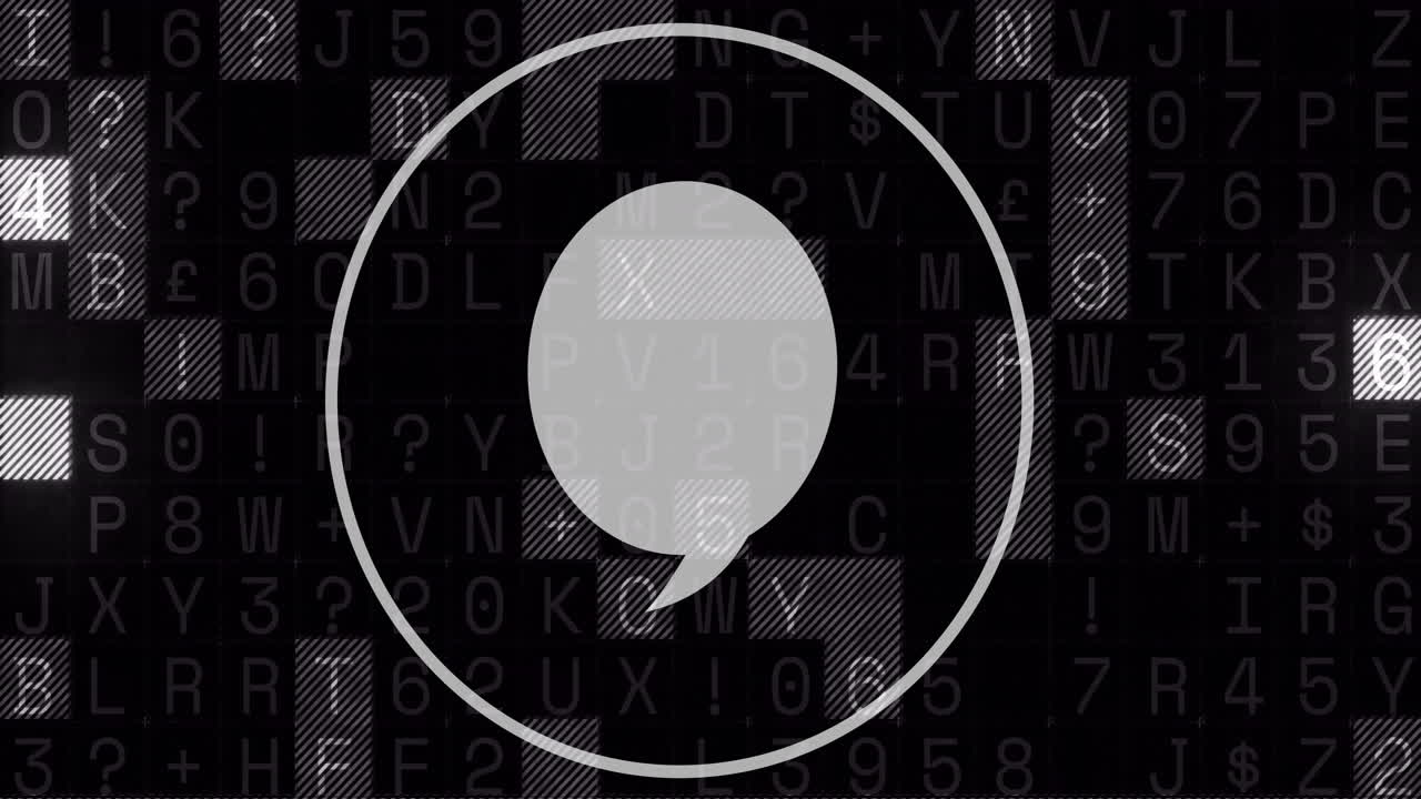 무작위 문자 및 숫자와 함께 검은 바탕에 음성 거품 아이콘 애니메이션