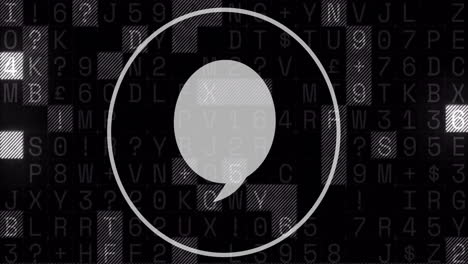 animación de icono de burbuja de voz sobre fondo negro con letras y números al azar