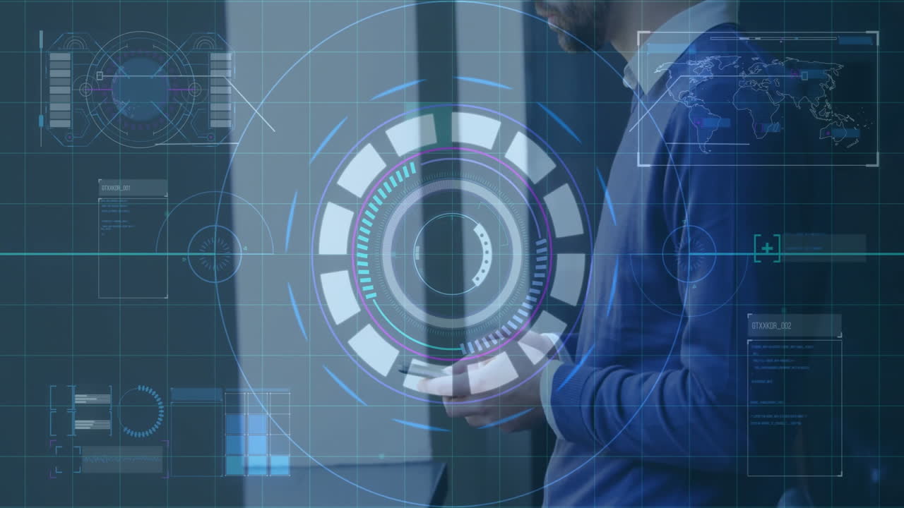 animación del procesamiento de datos financieros sobre un empresario caucásico que usa un teléfono inteligente