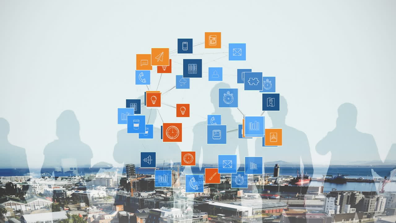 도시 풍경 위에 온라인 디지털 아이콘으로 형성 된 지구의 애니메이션