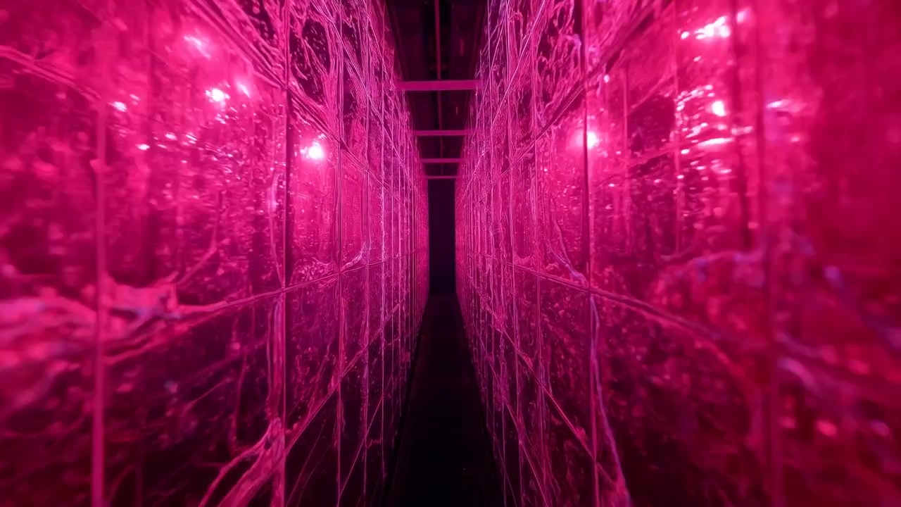 Moving camera gliding down narrow magenta corridor in art set, showing veined panels and LEDs