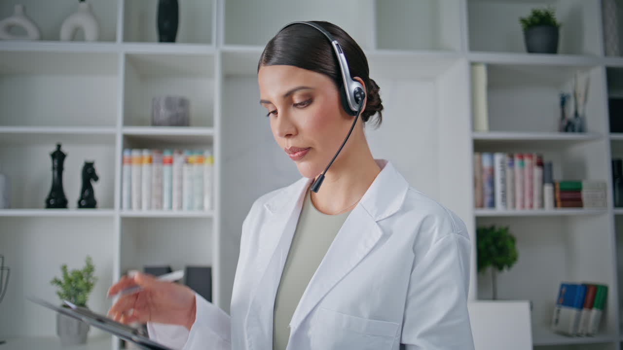 Health advisor communicating patients by headset in hospital office closeup