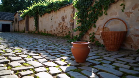 Cobblestone Alleyway with Ivy-Covered Wall and Rustic Basket