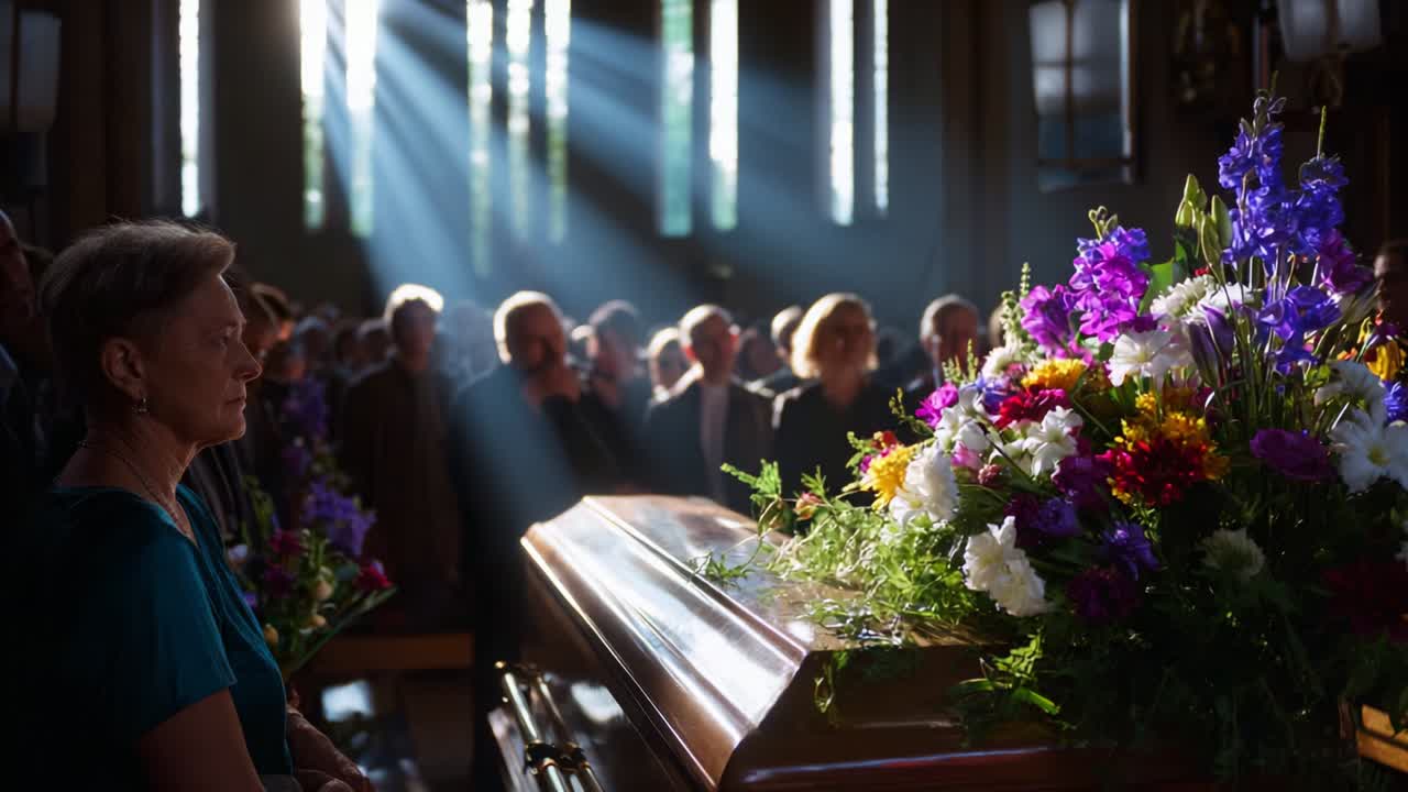 A solemn gathering of friends and family to commemorate a loved one's life, filled with vibrant flowers and emotional reflections amidst the serene light of a memorial service