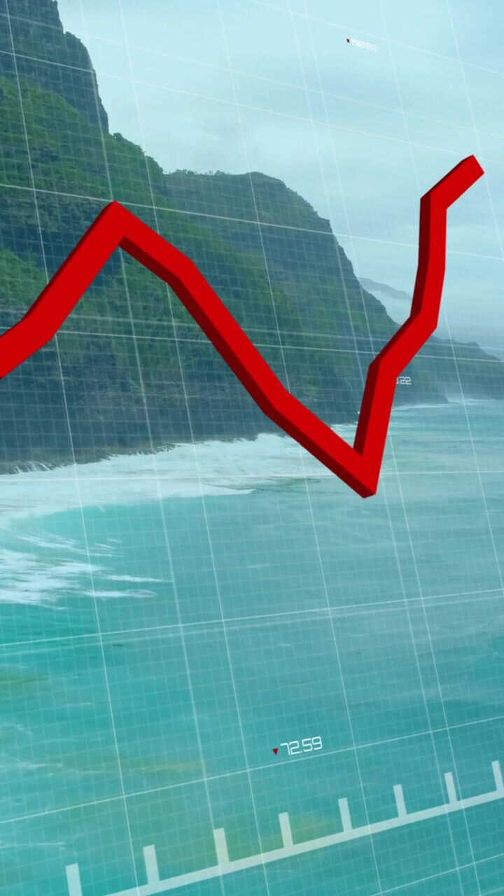 Animazione di linea rossa ed elaborazione di dati finanziari su paesaggio marino
