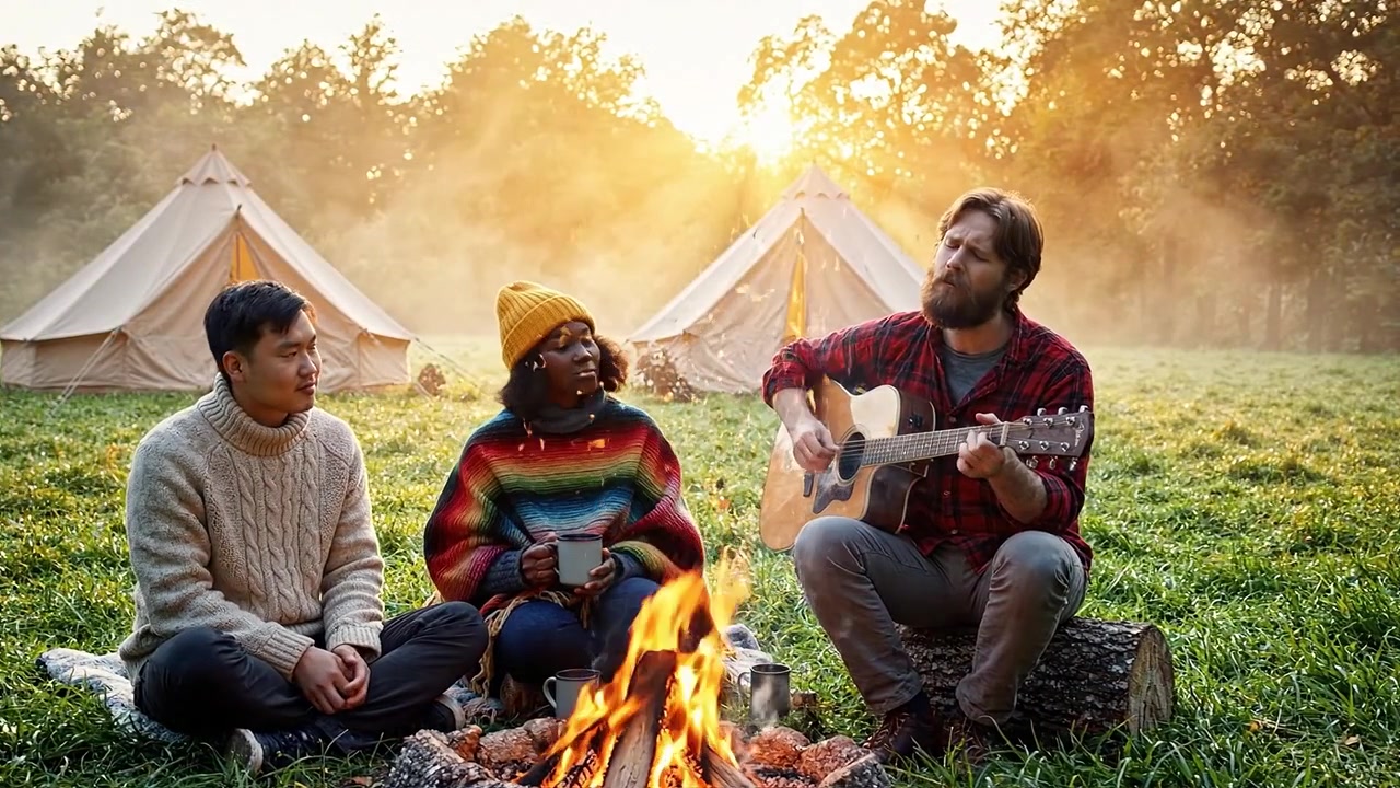 Koselig bålkos med venner: Nyt musikk, varme drikker og latter mens solen går ned bak teltleirer og en flammende flamme i naturen