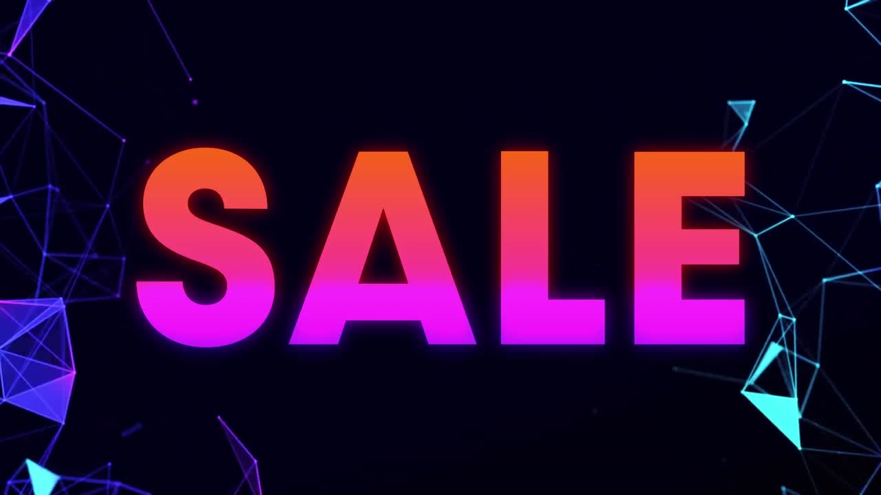Animation of sale text in rainbow letters over connections on black background