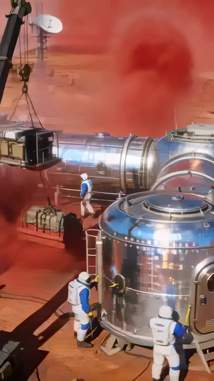 Vertical video: Suited crew cleaning habitat modules on red plain as crane lifting cargo to connect