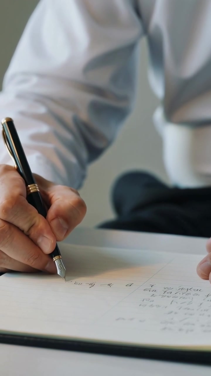 Video verticale: Uomo in camicia che scrive, abbassa una penna stilografica nera e oro su un quaderno alla scrivania, prendendo appunti.