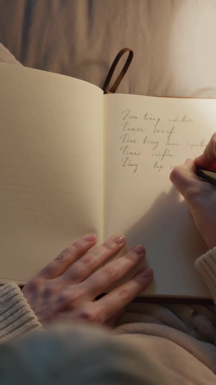 Video verticale: Donna in maglione che inizia a scrivere con la penna sulla carta, prendendo appunti su un diario sul letto.