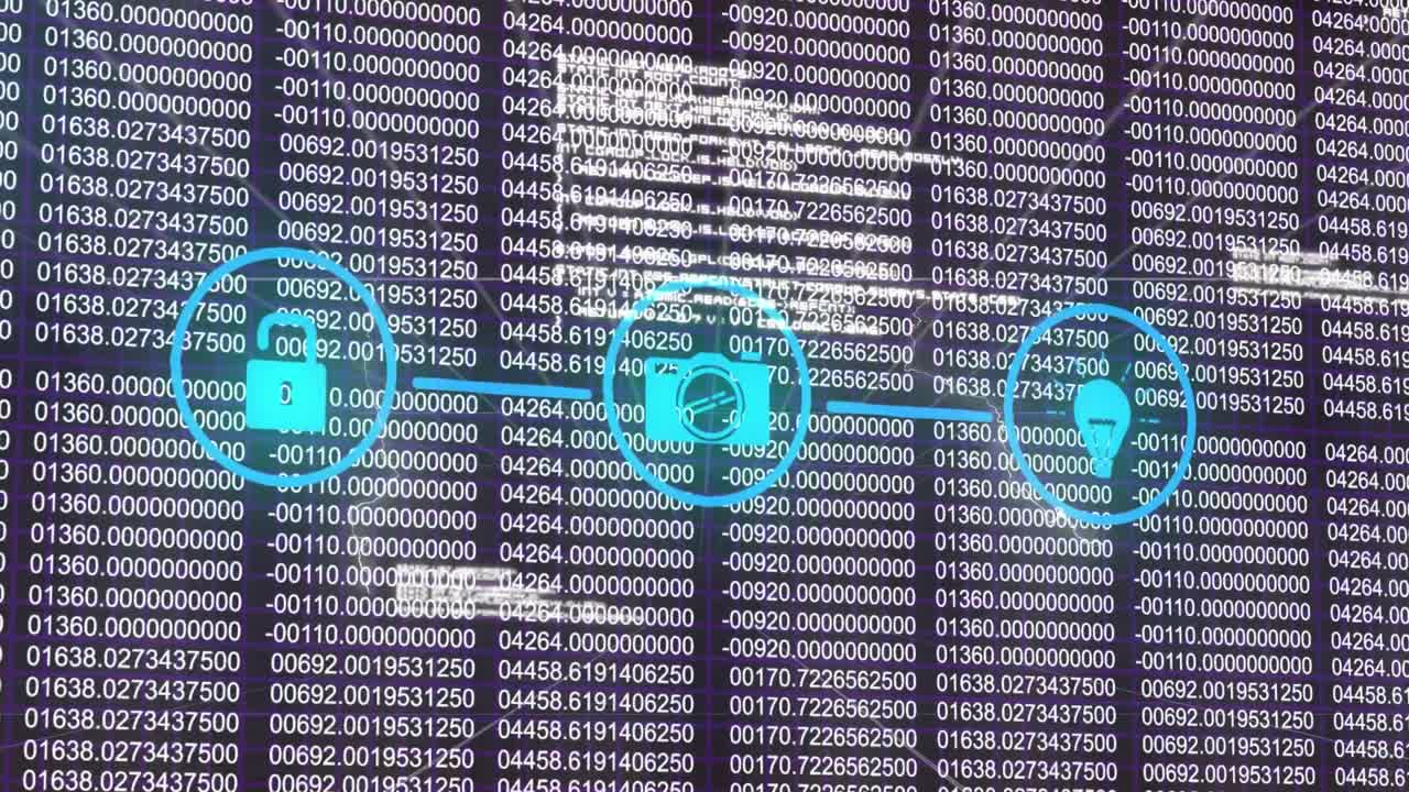 Animation of network of digital icons and data processing against black background