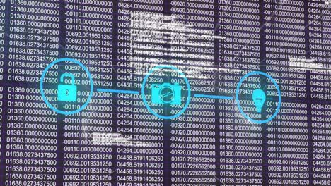 animación de la red de iconos digitales y procesamiento de datos contra un fondo negro.