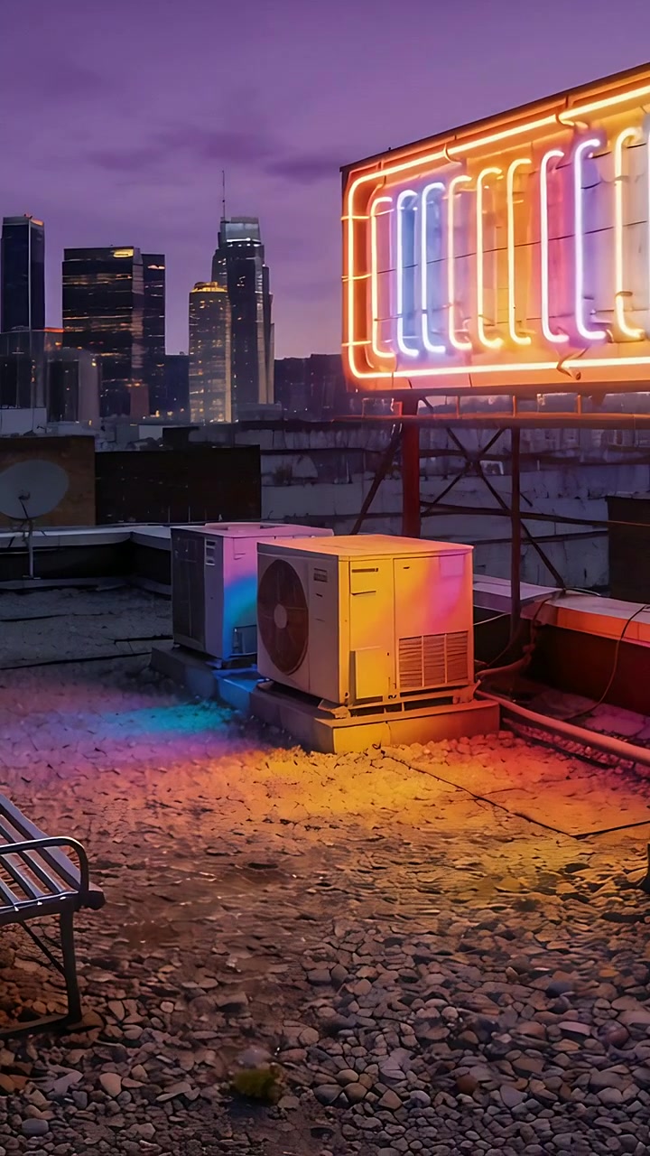 Vídeo vertical: Letreiro de neon acendendo e lançando um brilho colorido em um telhado de cascalho ao anoitecer, iluminando o sistema de climatização