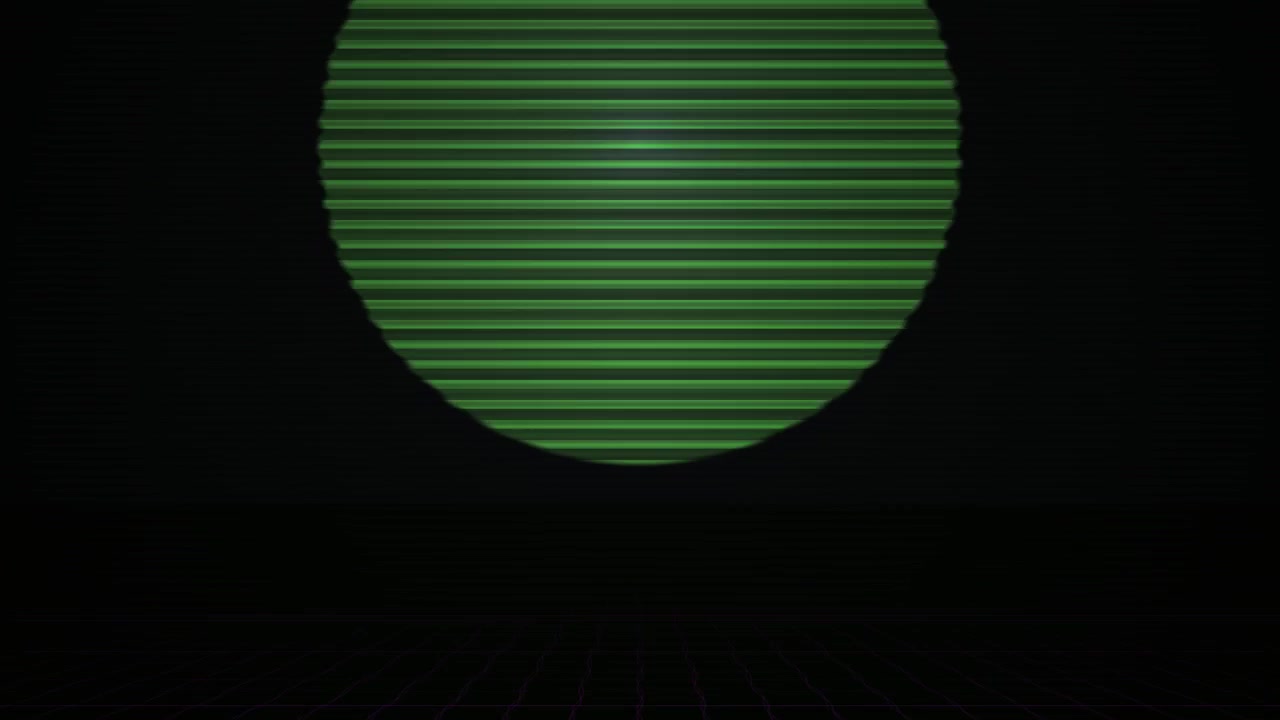 Retro Green Striped Shield with Digital Scanlines on Dark Background