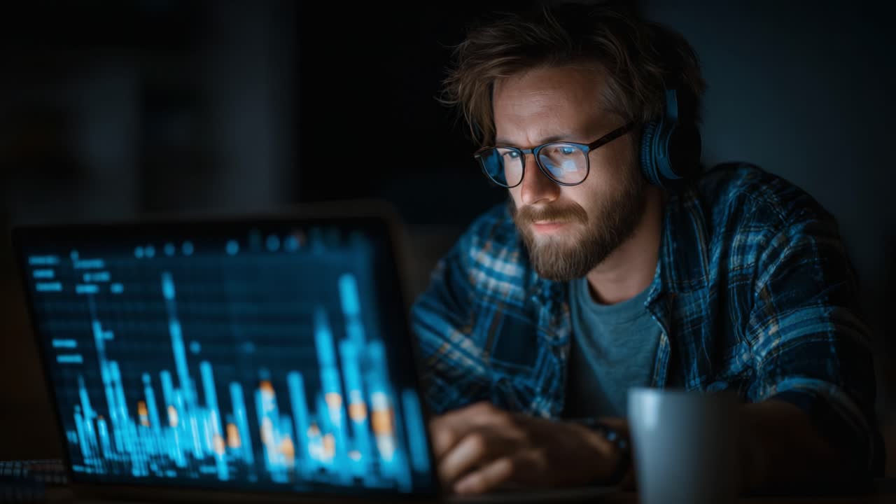 Focused Male Working Late at Night Analyzing Data on Laptop, Wearing Headphones and Concentrating on Complex Graphs in a Dark Room