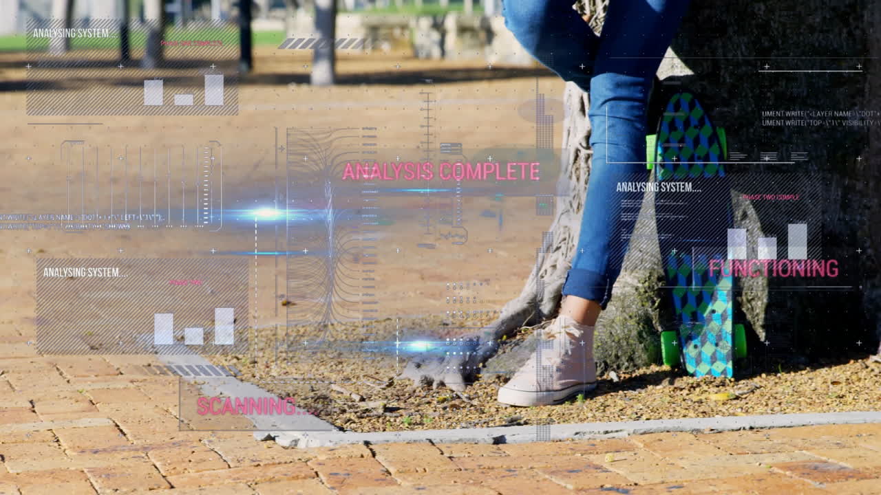 Standing by tree with skateboard, person viewing animation of analysis complete